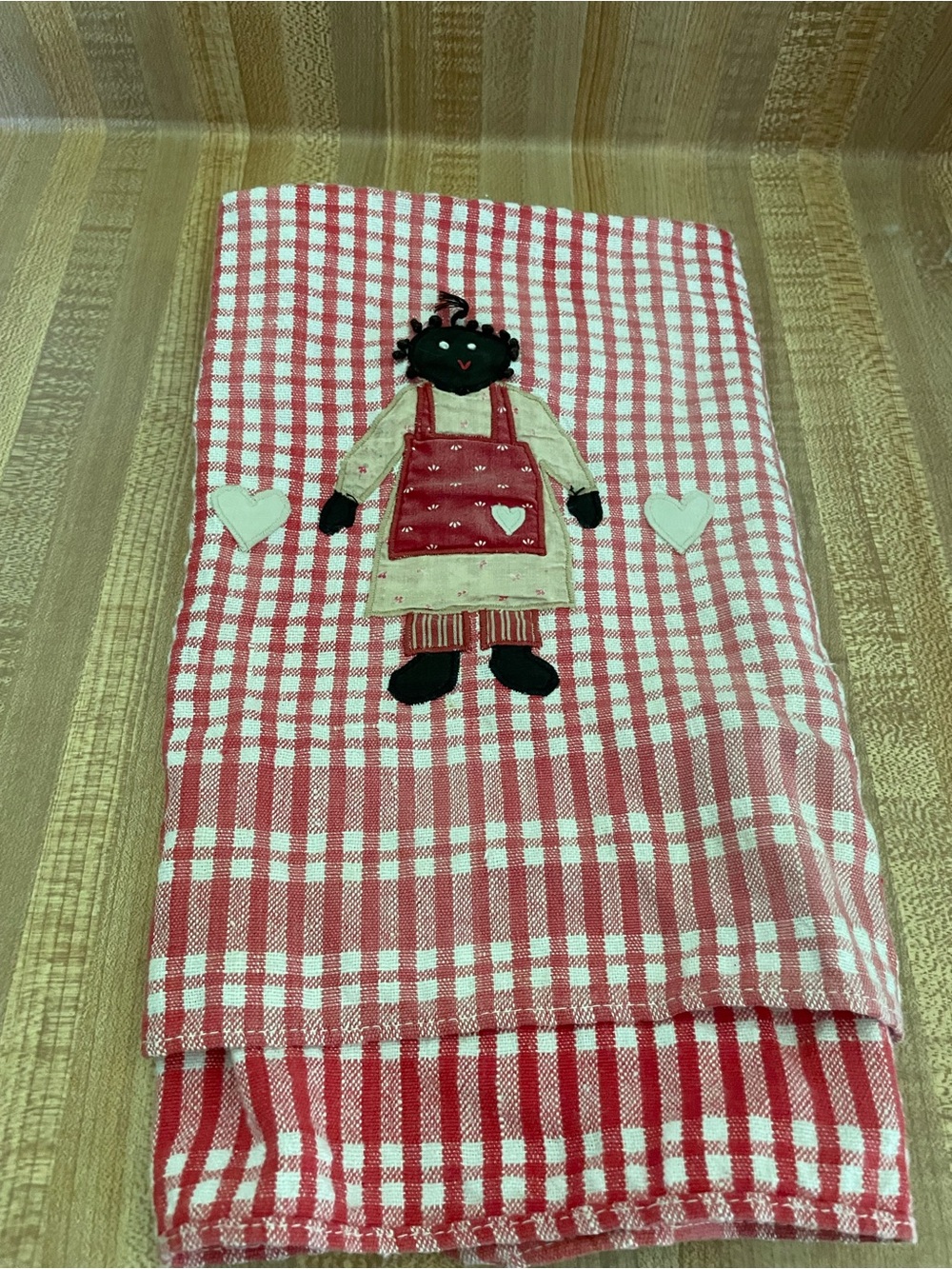 Vintage Red and White Plaid Kitchen Towel with Doll Appliqué